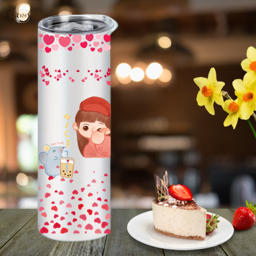 Hình minh họa cô gái dễ thương, Cốc cá nhân có nắp và ống hút, mẫu 1